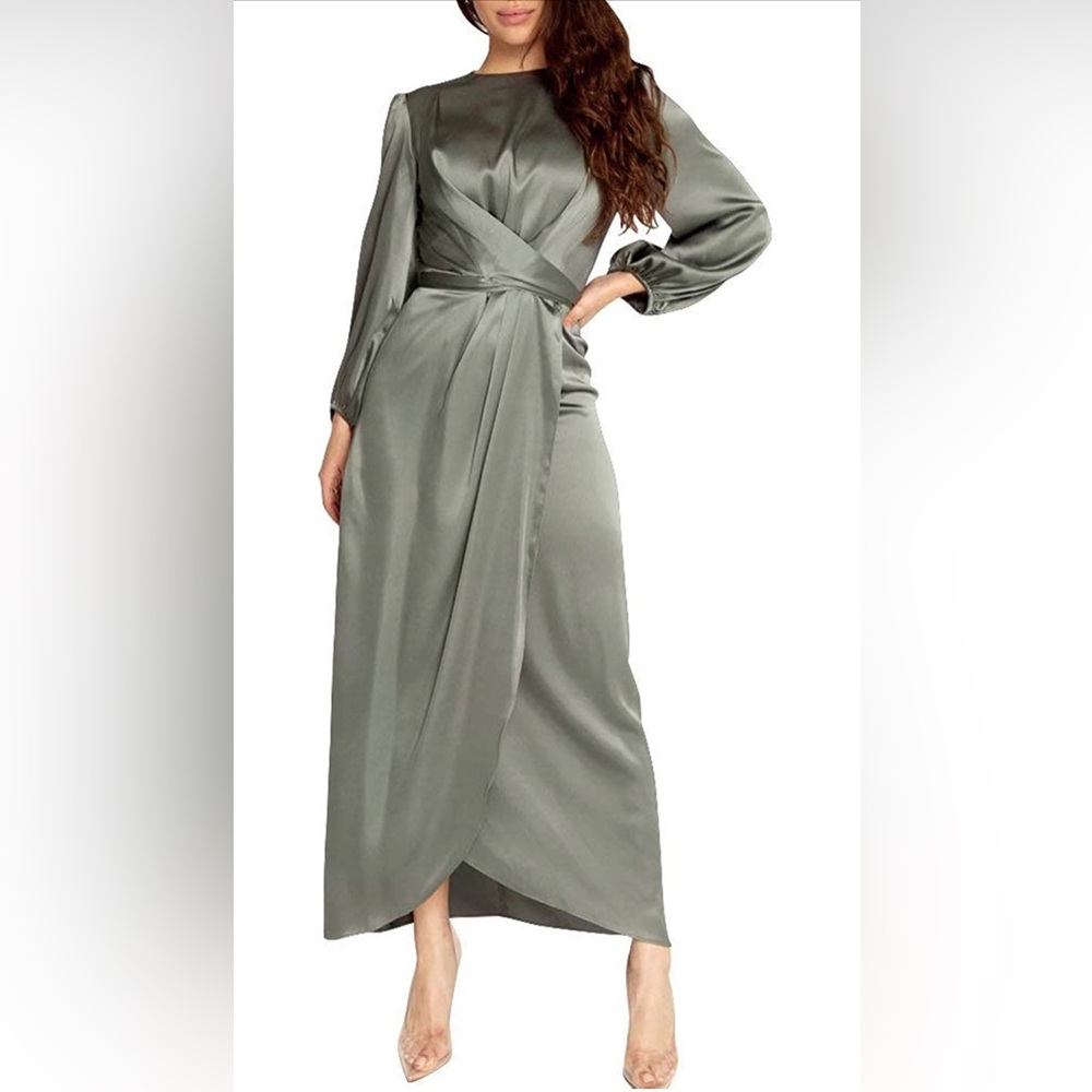 Women's Elegant Empire Waist Long Sleeve Satin Maxi Dress